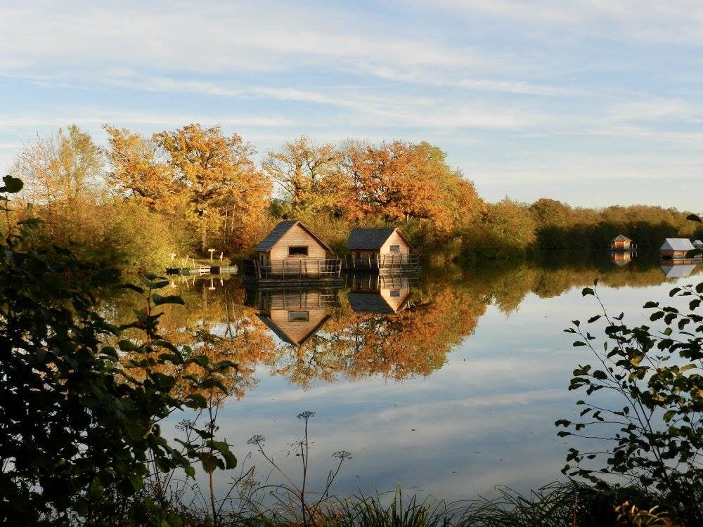 cabane flottante en automne au Domaine de la Dombes